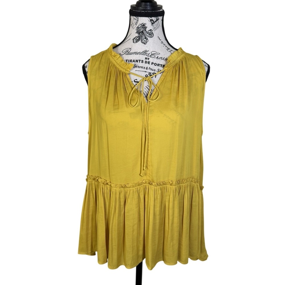 LOFT Women's Yellow Lace Up Tie Neck Sleeveless Peplum Blouse Top NWT Size Large - Picture 2 of 7